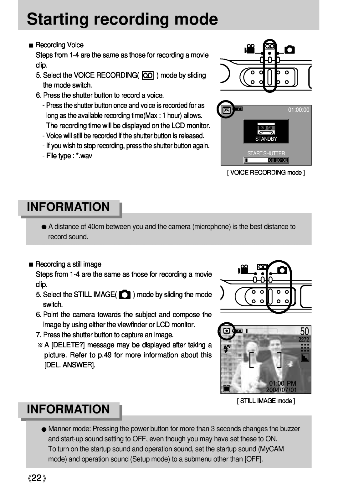 Samsung Digimax U-CA user manual Starting recording mode, Information, Standby Start.Shutter 