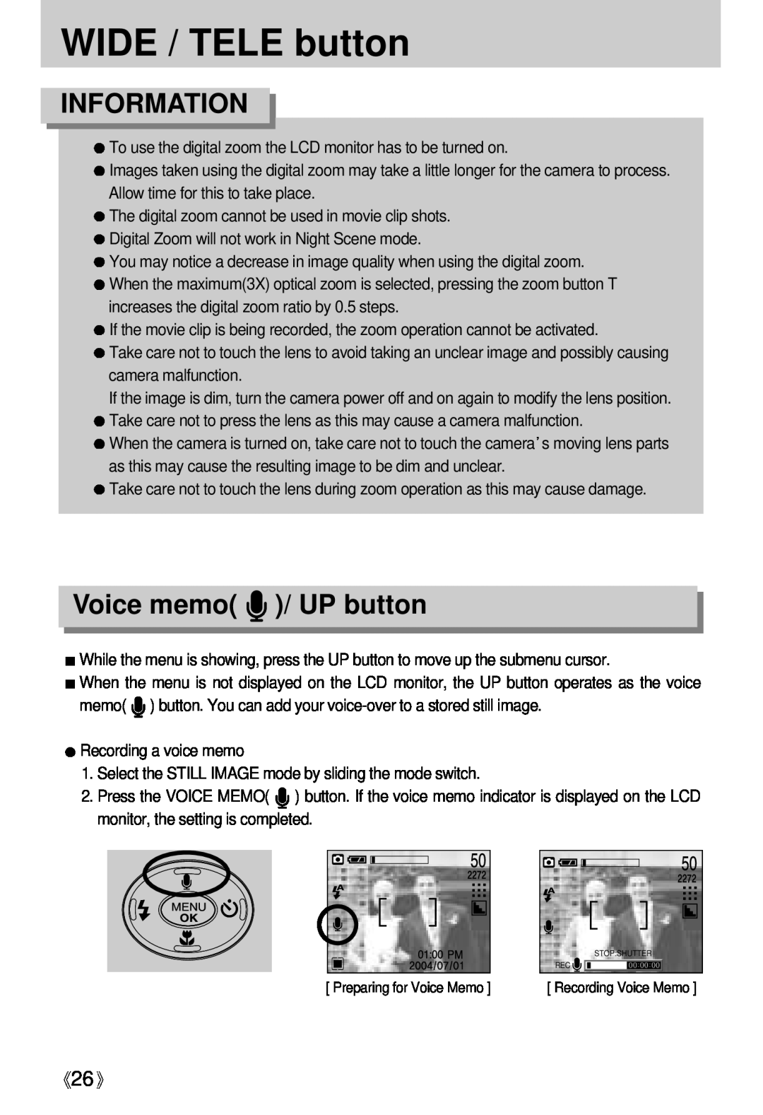 Samsung Digimax U-CA user manual Voice memo / UP button, WIDE / TELE button, Information 
