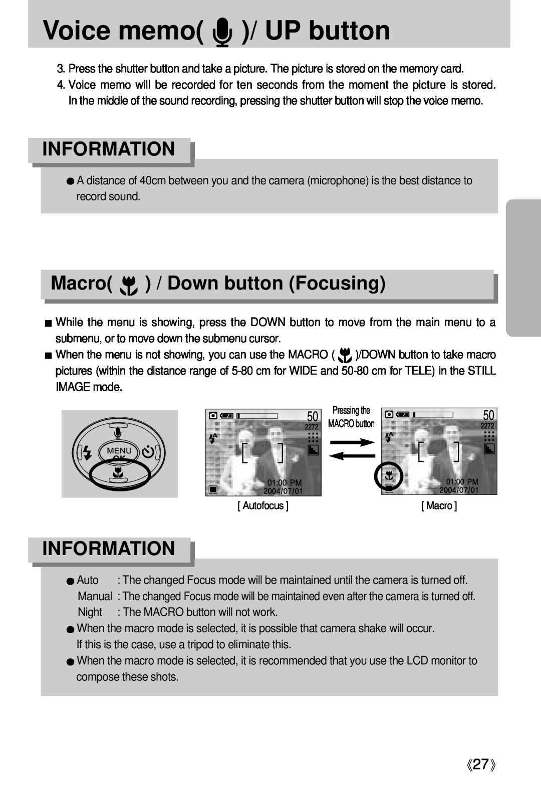 Samsung Digimax U-CA user manual Voice memo / UP button, Macro / Down button Focusing, Information 