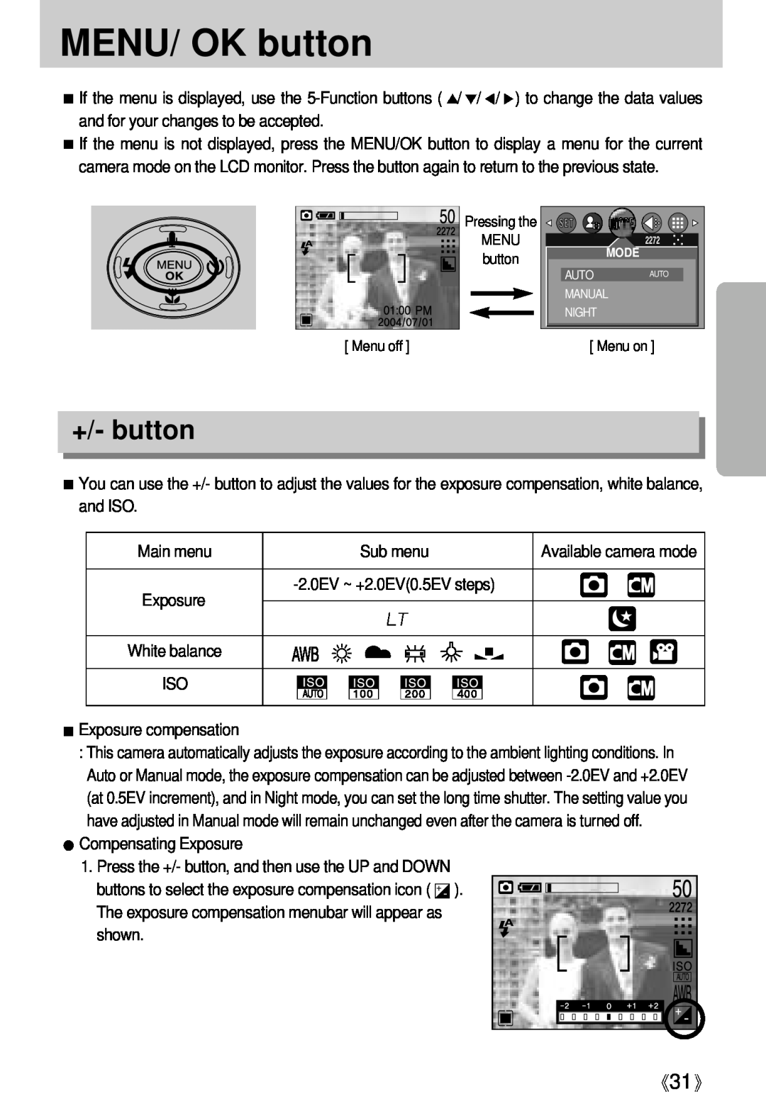 Samsung Digimax U-CA user manual MENU/ OK button, +/- button 