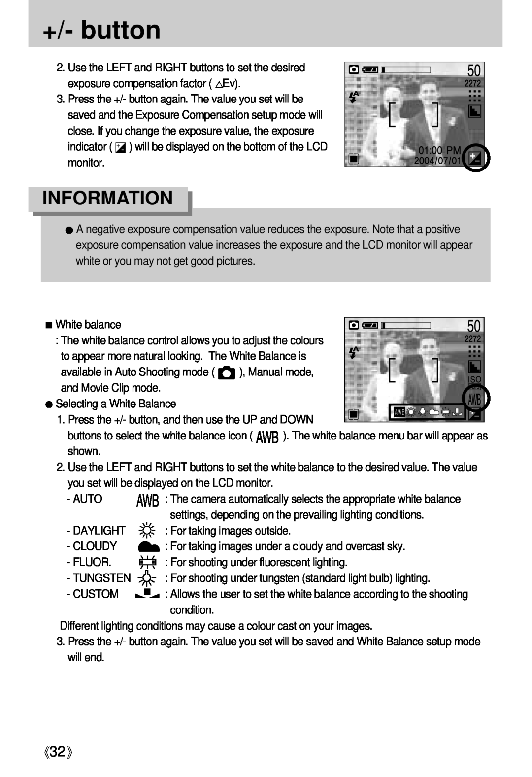 Samsung Digimax U-CA user manual +/- button, Information 
