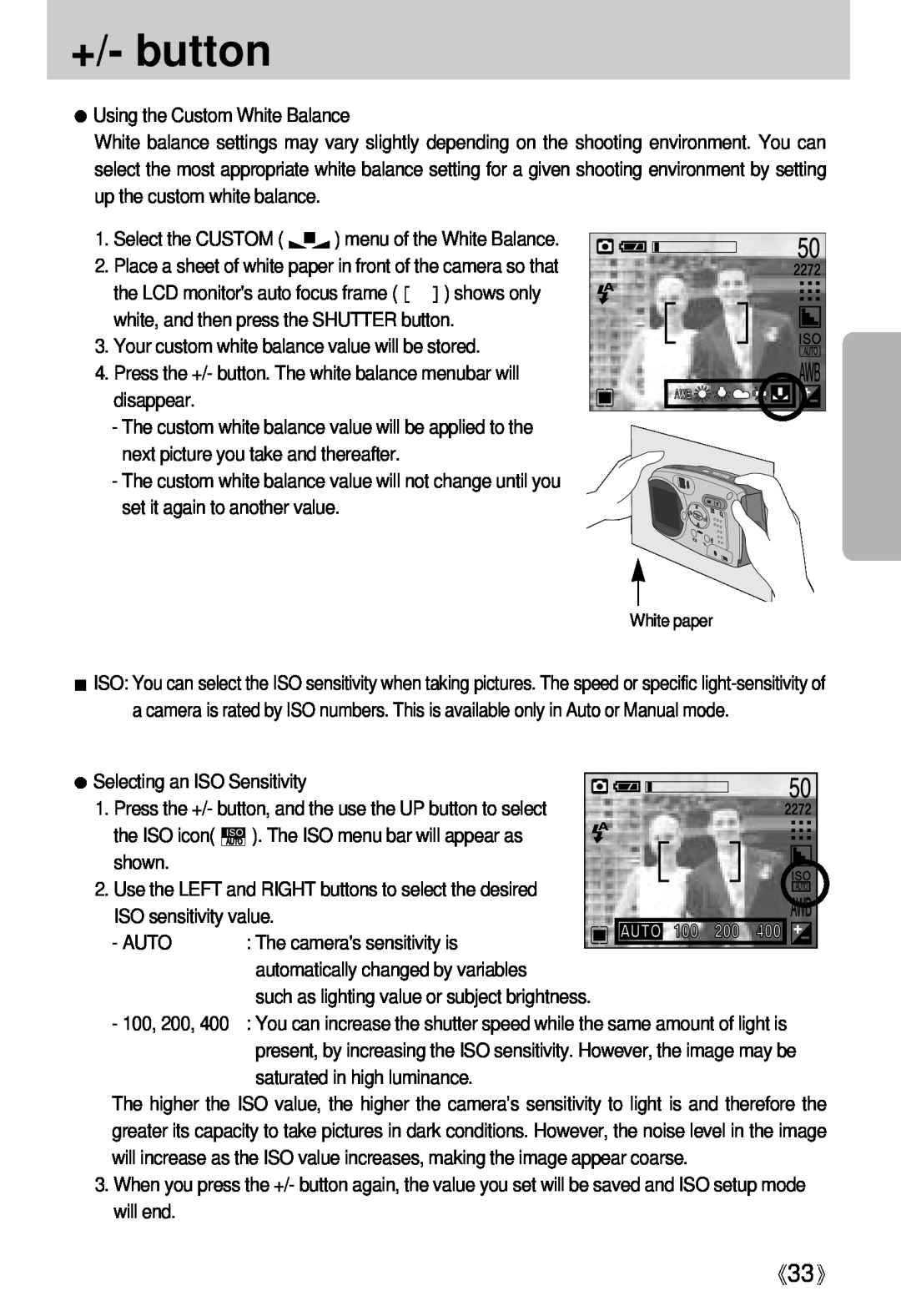 Samsung Digimax U-CA user manual White paper, Press the +/- button, and the use the UP button to select 