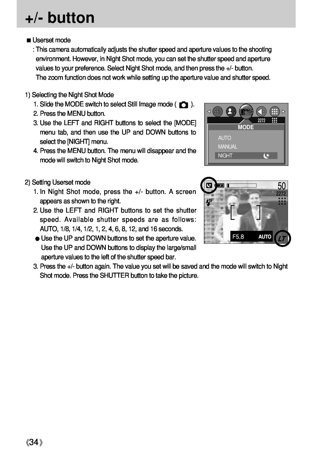 Samsung Digimax U-CA user manual +/- button, Userset mode 