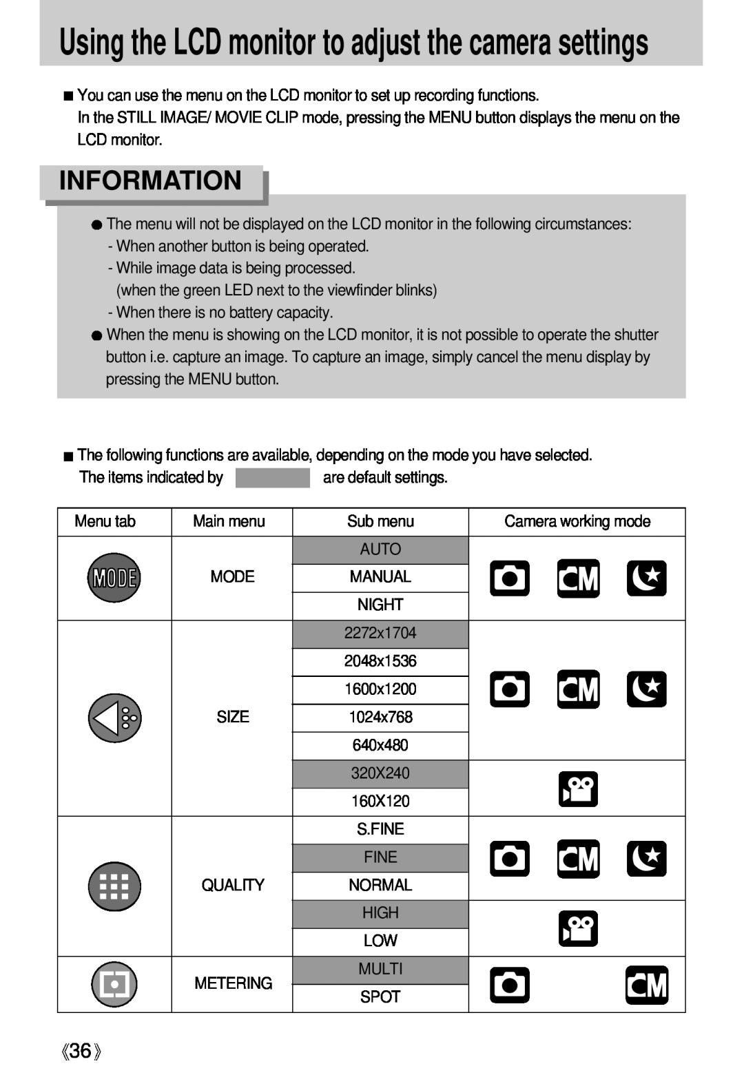 Samsung Digimax U-CA user manual Using the LCD monitor to adjust the camera settings, Information 