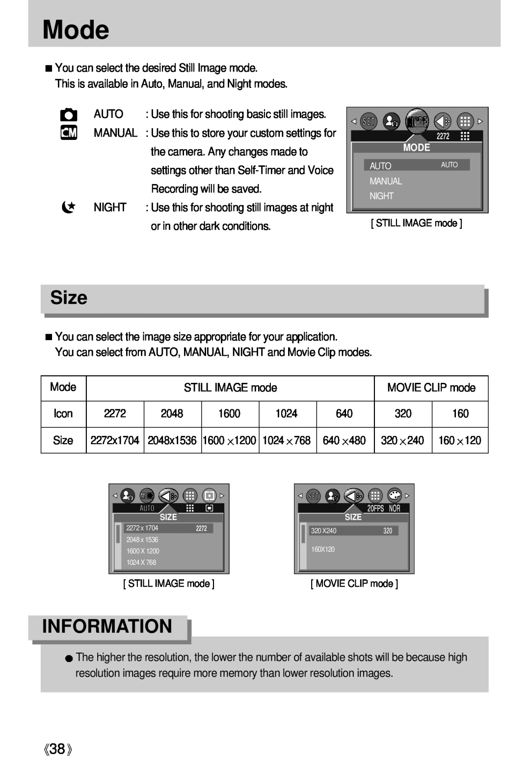 Samsung Digimax U-CA user manual Mode, Size, Information, Autoauto Manual Night 