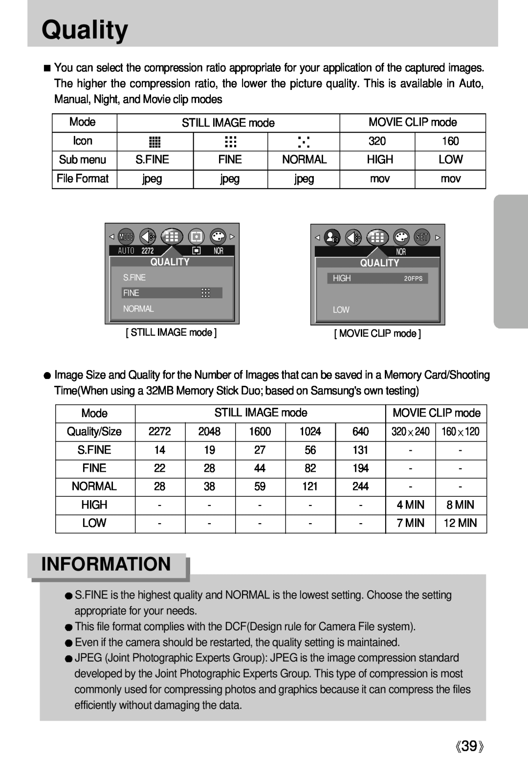 Samsung Digimax U-CA user manual Quality, Information 