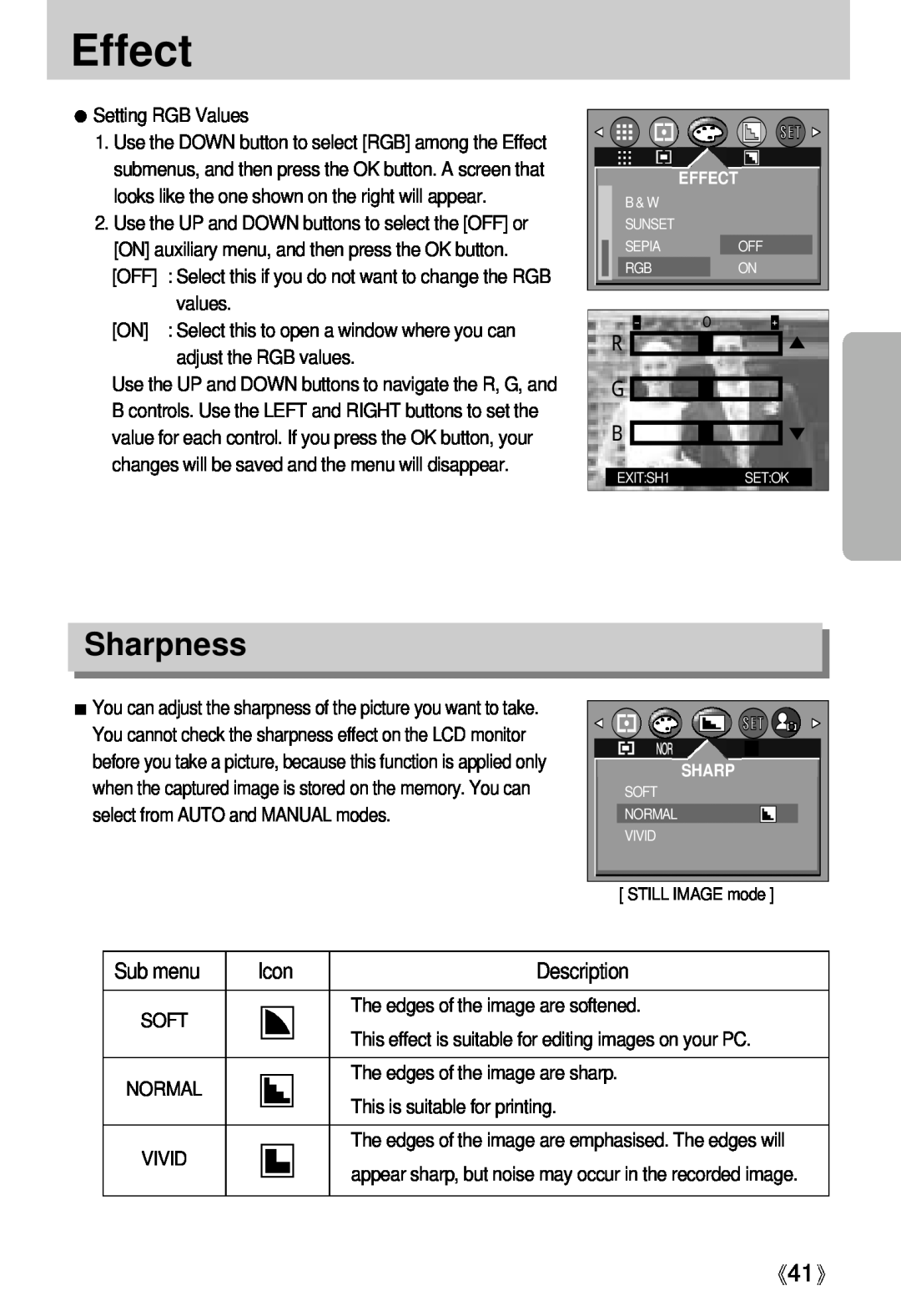 Samsung Digimax U-CA user manual Effect, Sharpness, R G B 
