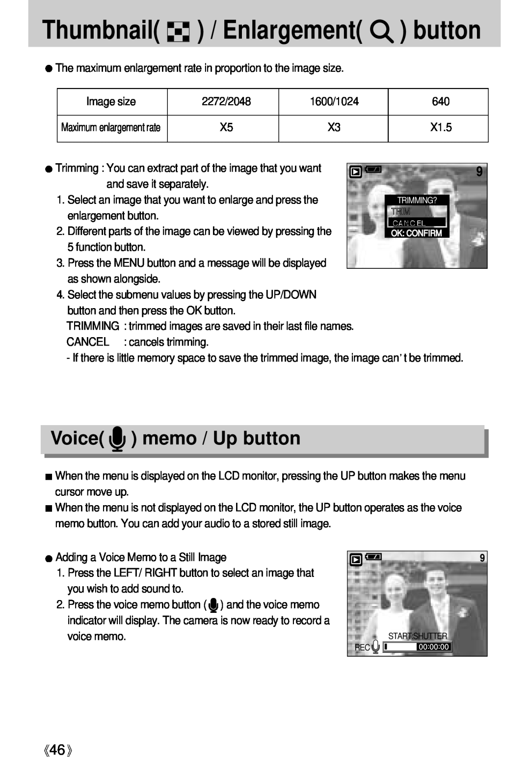Samsung Digimax U-CA user manual Thumbnail / Enlargement button, Voice memo / Up button 