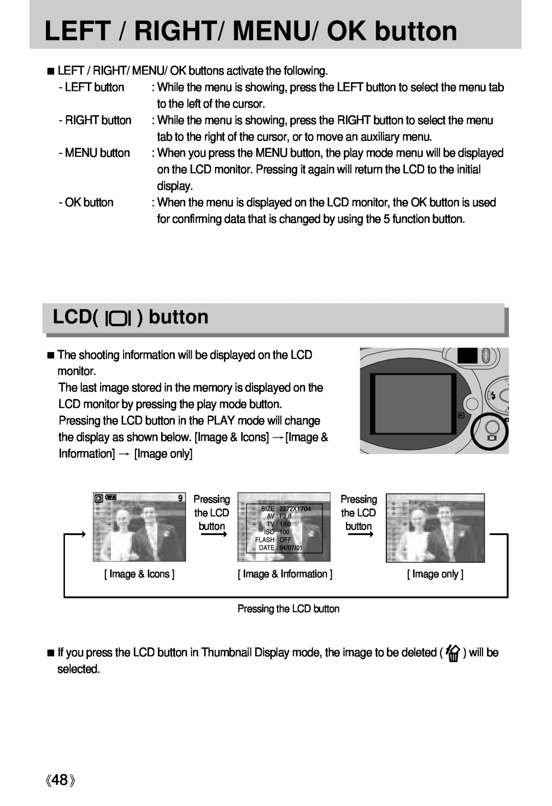 Samsung Digimax U-CA user manual LEFT / RIGHT/ MENU/ OK button, LCD button 