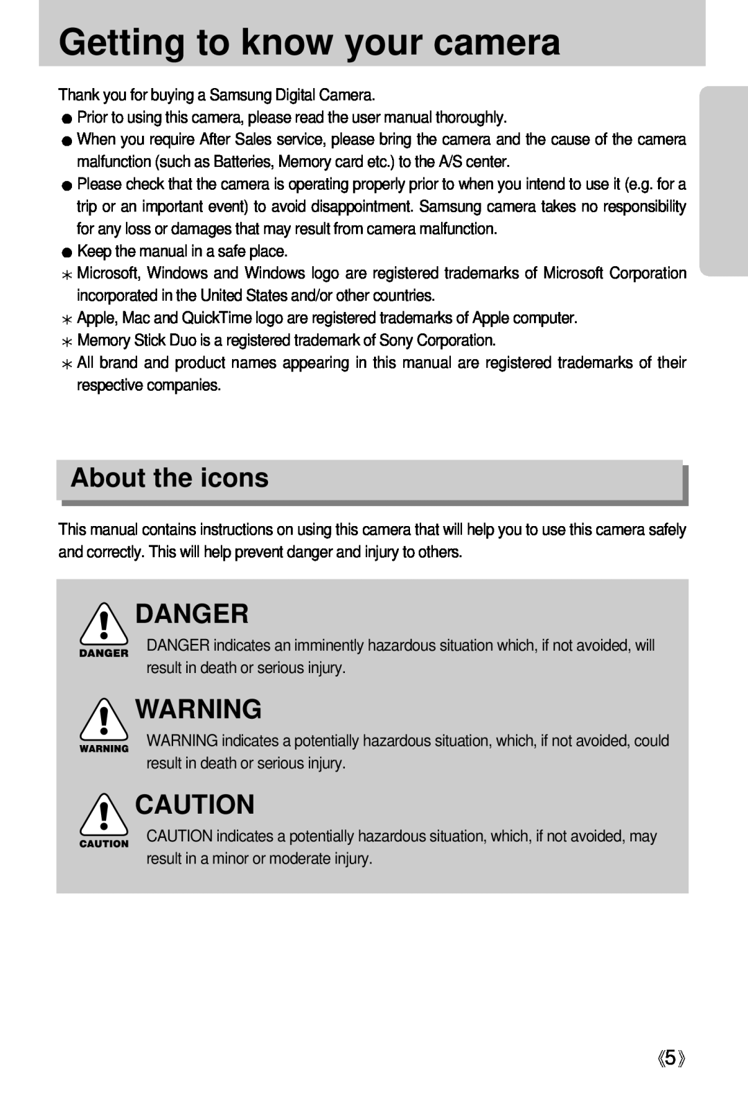 Samsung Digimax U-CA user manual Getting to know your camera, About the icons, Danger 