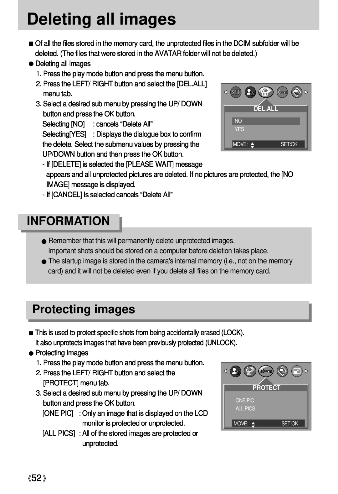 Samsung Digimax U-CA user manual Deleting all images, Protecting images, Information, Del.All 