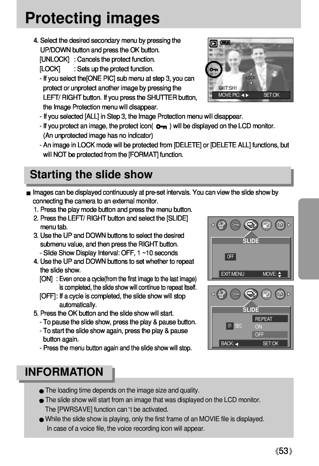 Samsung Digimax U-CA Protecting images, Starting the slide show, Information, menu tab, automatically, button again 