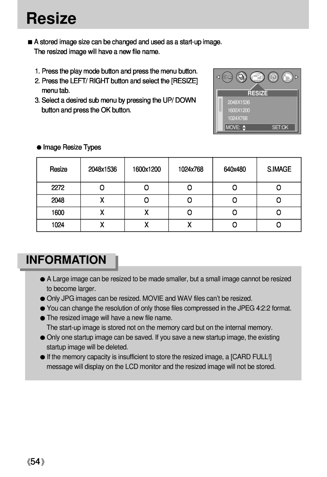 Samsung Digimax U-CA user manual Resize, Information 