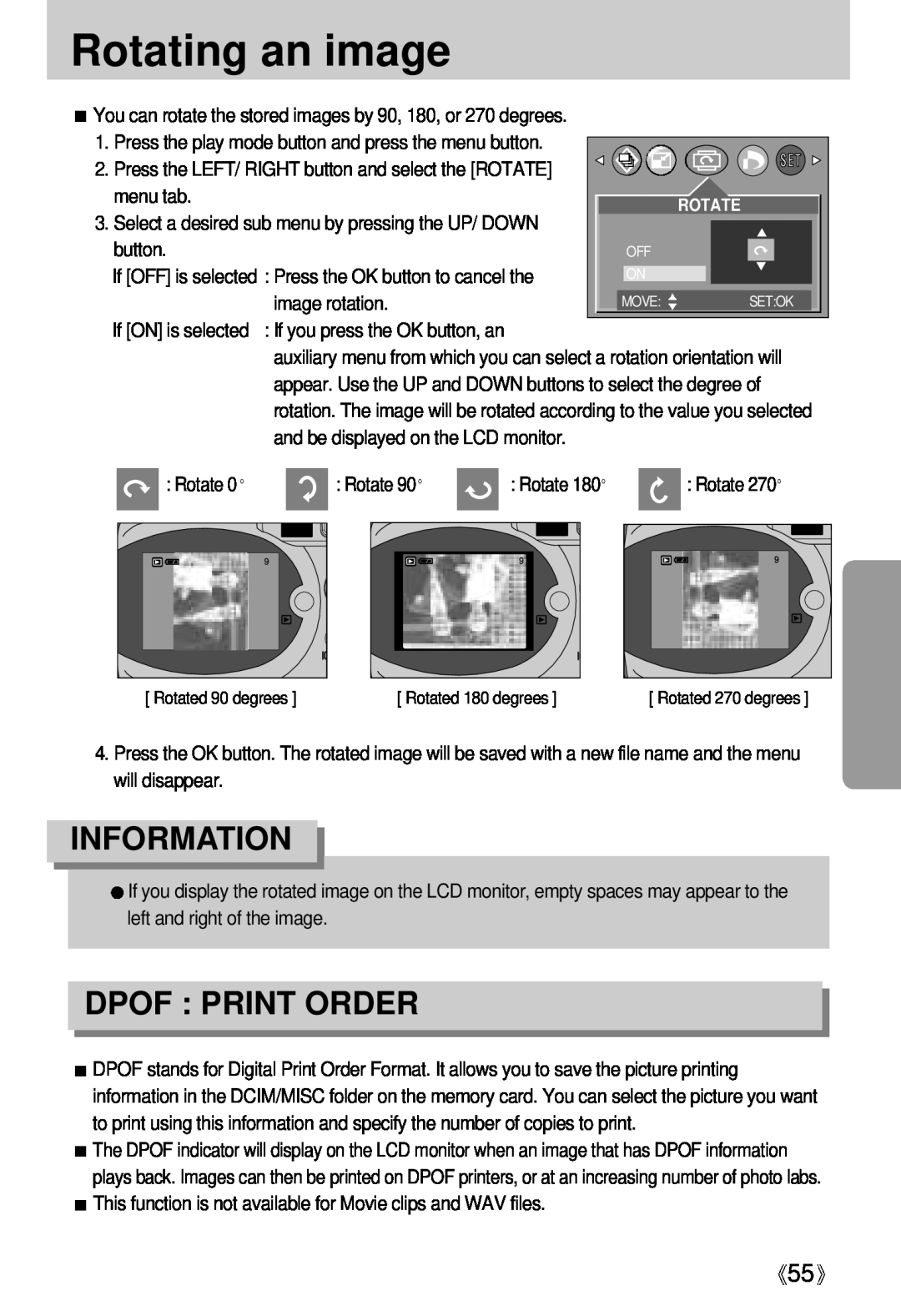 Samsung Digimax U-CA user manual Rotating an image, Dpof Print Order, Information, menu tab, button, image rotation 