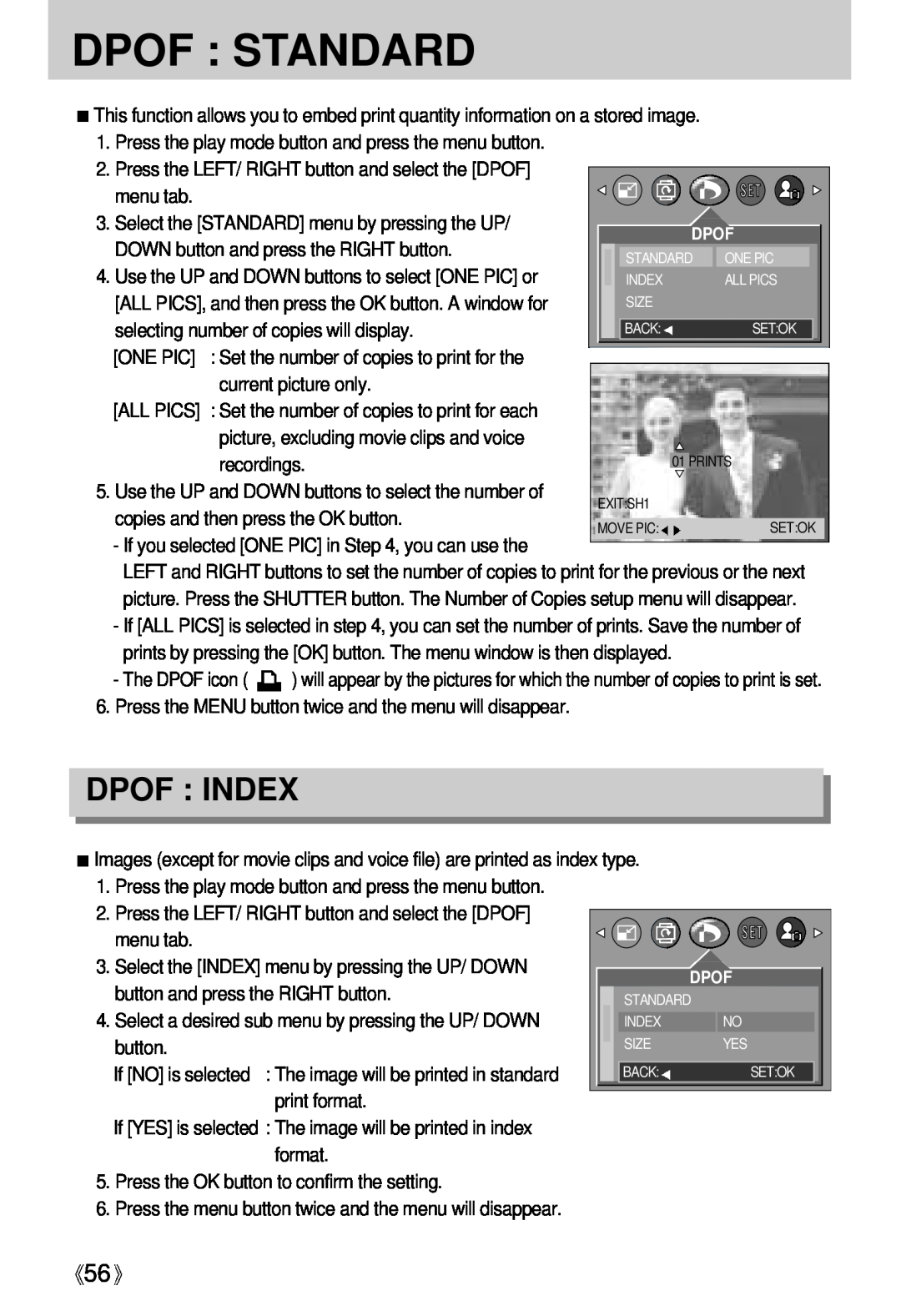 Samsung Digimax U-CA Dpof Standard, Dpof Index, menu tab, Select the INDEX menu by pressing the UP/ DOWN, button, format 