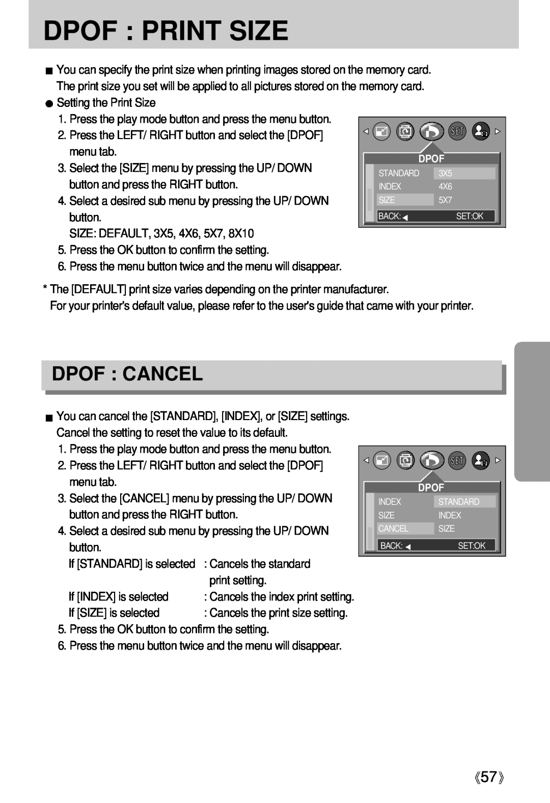 Samsung Digimax U-CA Dpof Print Size, Dpof Cancel, Setting the Print Size, menu tab, button and press the RIGHT button 