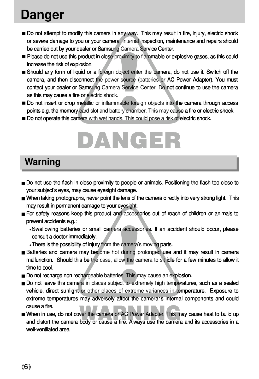Samsung Digimax U-CA user manual Danger 