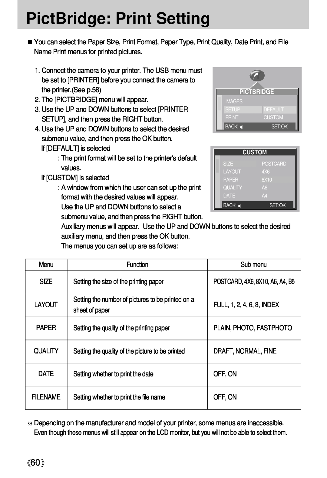 Samsung Digimax U-CA user manual PictBridge Print Setting, Connect the camera to your printer. The USB menu must 