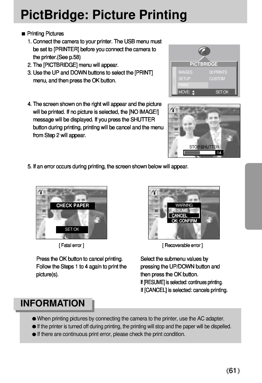 Samsung Digimax U-CA user manual PictBridge Picture Printing, Information, Fatal error, Recoverable error 
