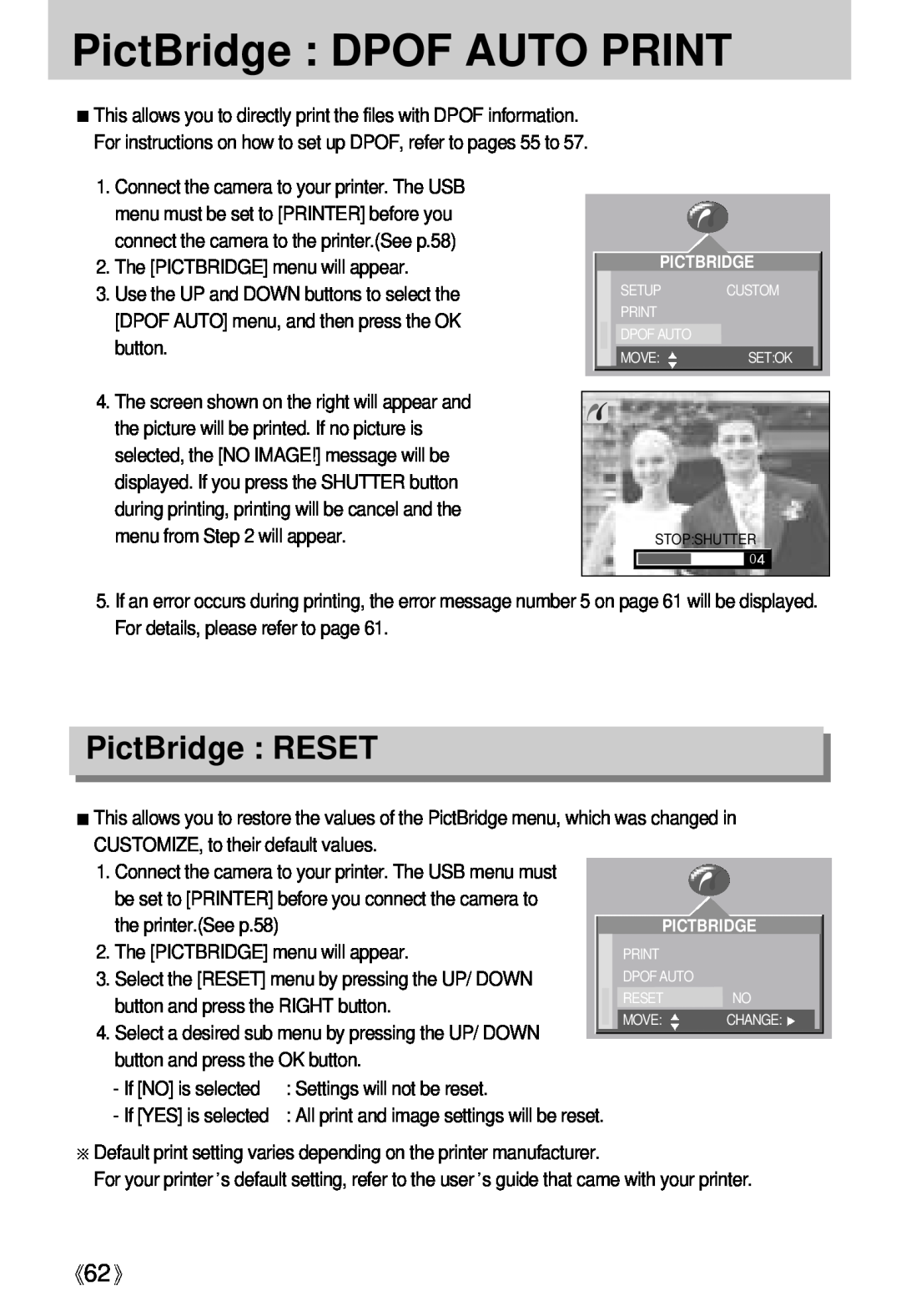 Samsung Digimax U-CA user manual PictBridge DPOF AUTO PRINT, PictBridge RESET 