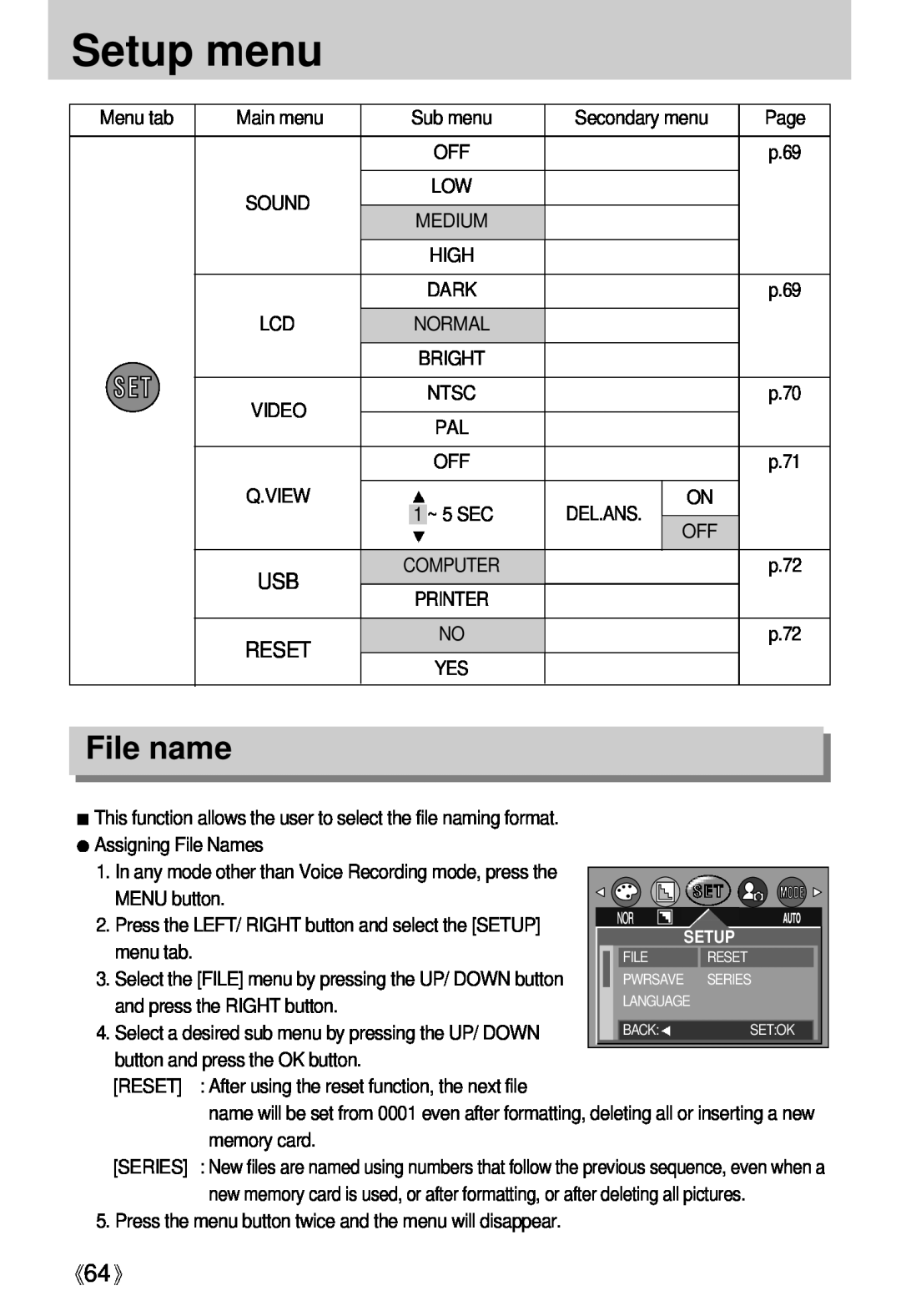 Samsung Digimax U-CA File name, Setup menu, Assigning File Names, MENU button, menu tab, and press the RIGHT button 