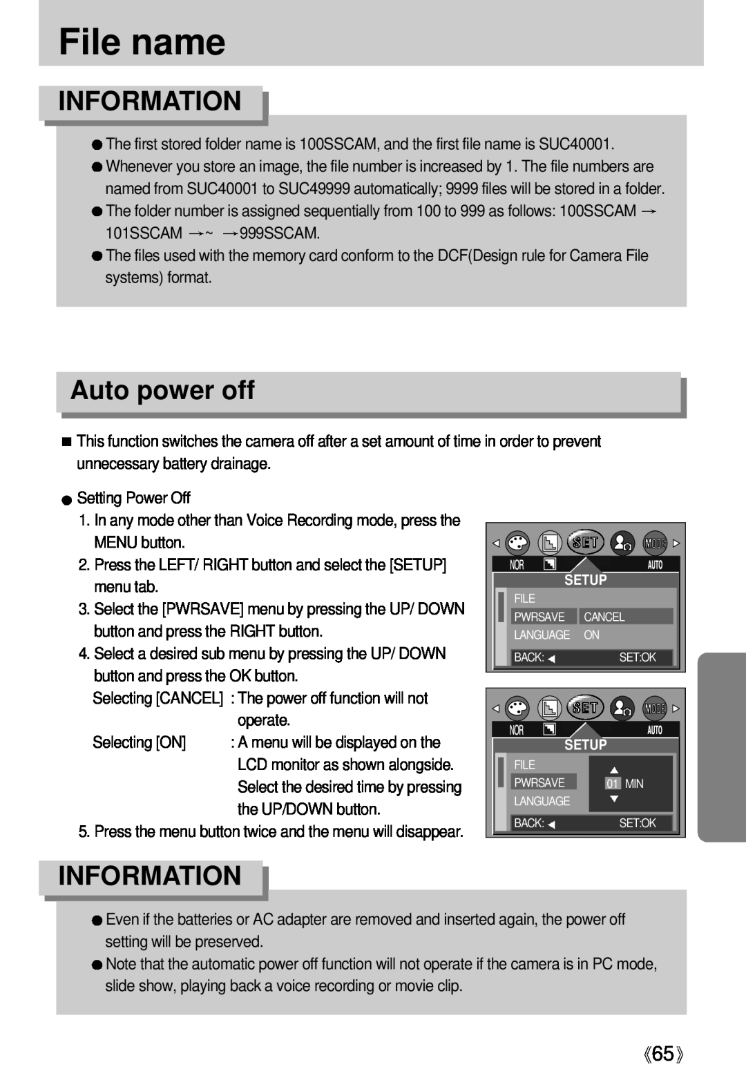 Samsung Digimax U-CA user manual File name, Auto power off, Information 