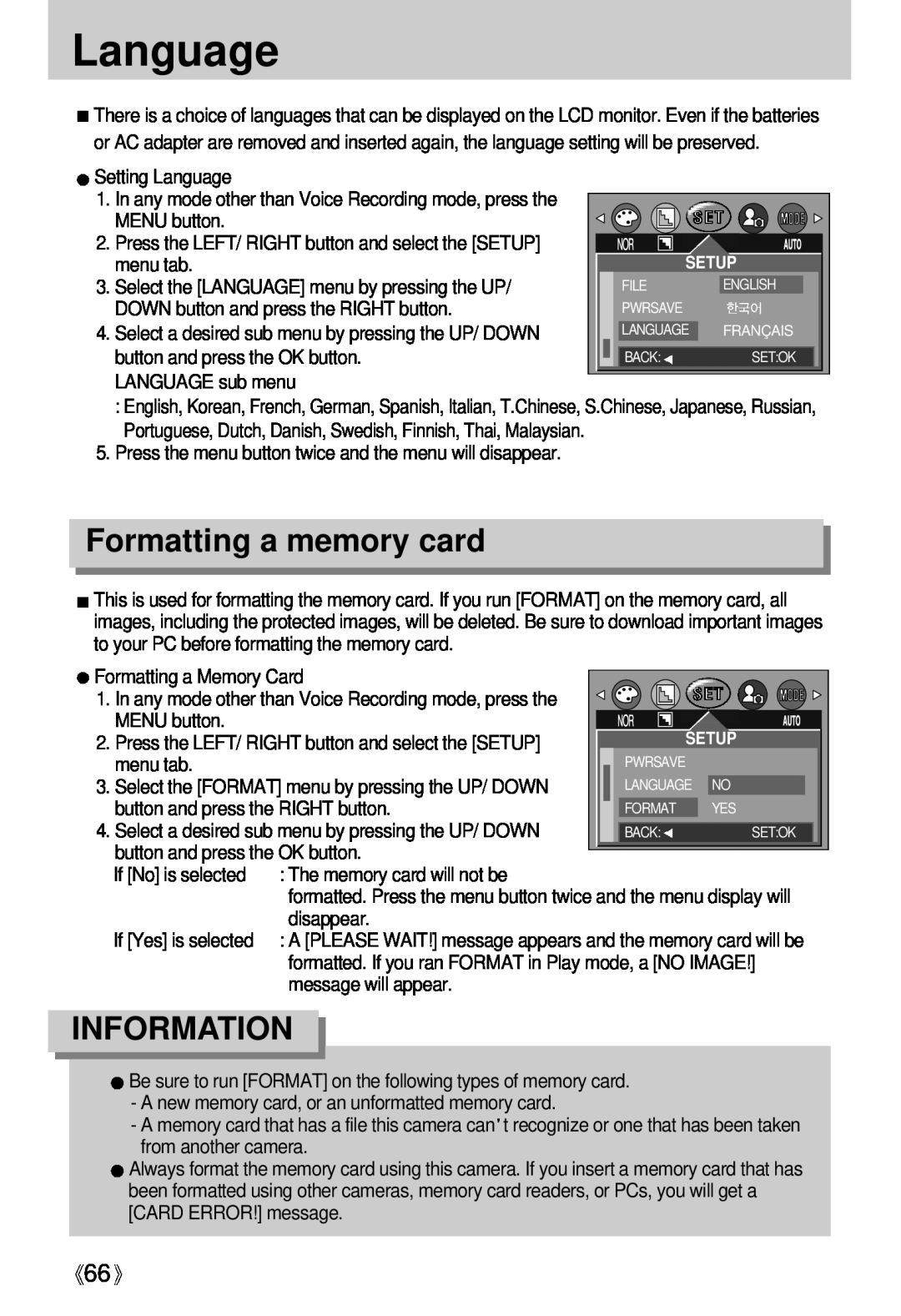 Samsung Digimax U-CA Language, Formatting a memory card, Information, Select a desired sub menu by pressing the UP/ DOWN 