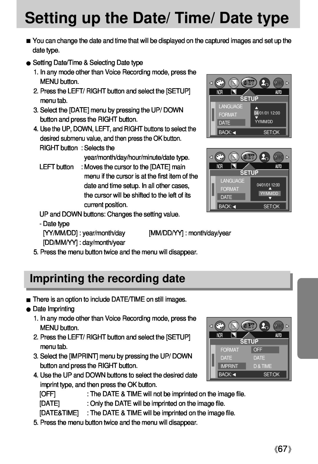 Samsung Digimax U-CA user manual Setting up the Date/ Time/ Date type, Imprinting the recording date 