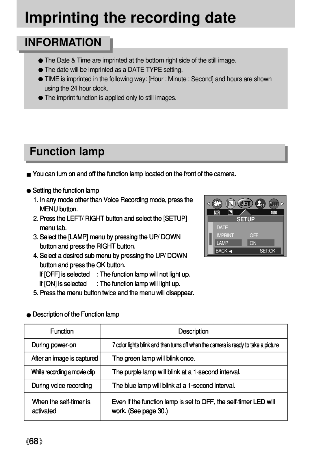 Samsung Digimax U-CA user manual Imprinting the recording date, Function lamp, Information, During voice recording 