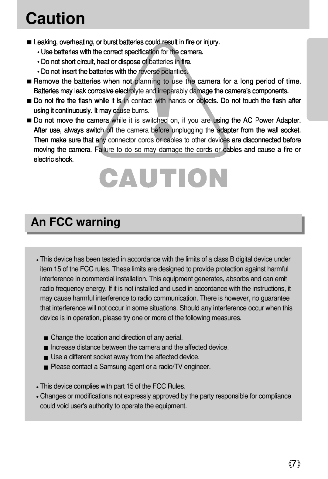 Samsung Digimax U-CA user manual An FCC warning 