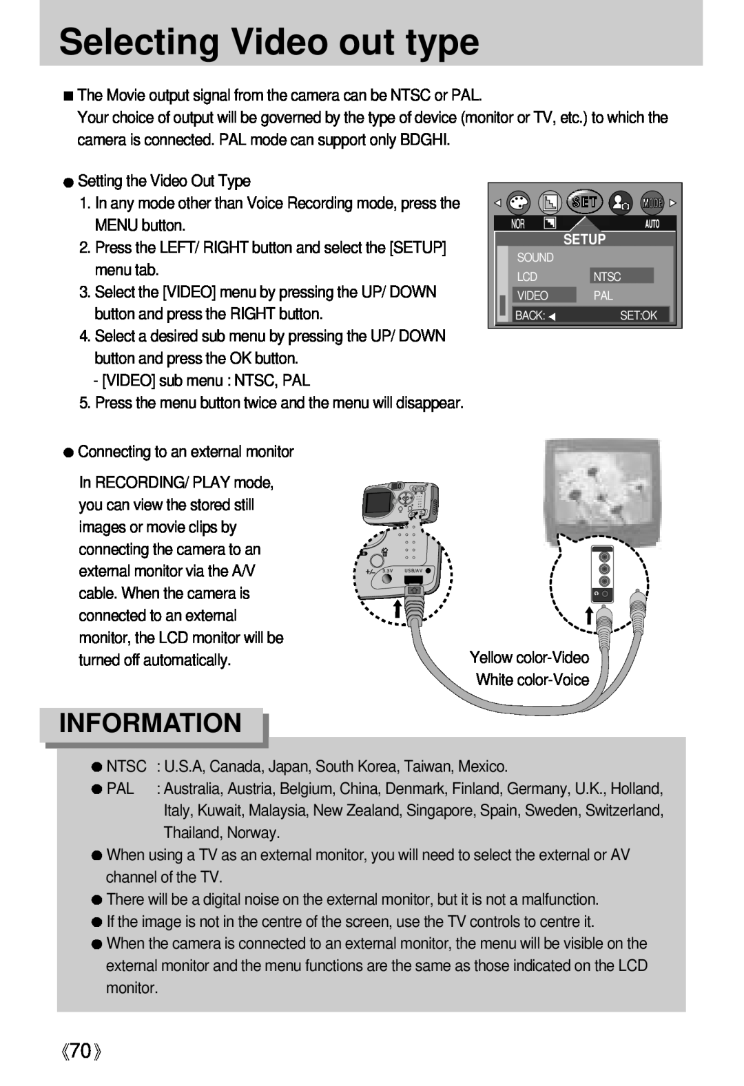 Samsung Digimax U-CA user manual Selecting Video out type, Information 