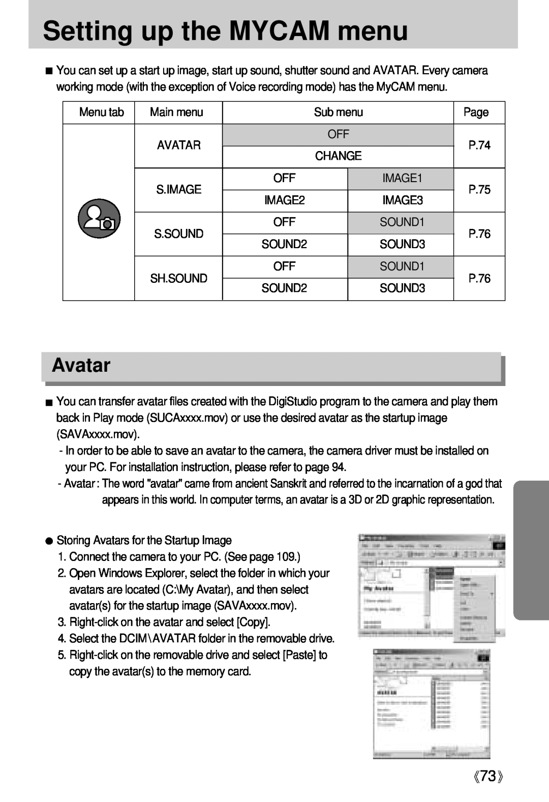 Samsung Digimax U-CA user manual Setting up the MYCAM menu, Avatar 