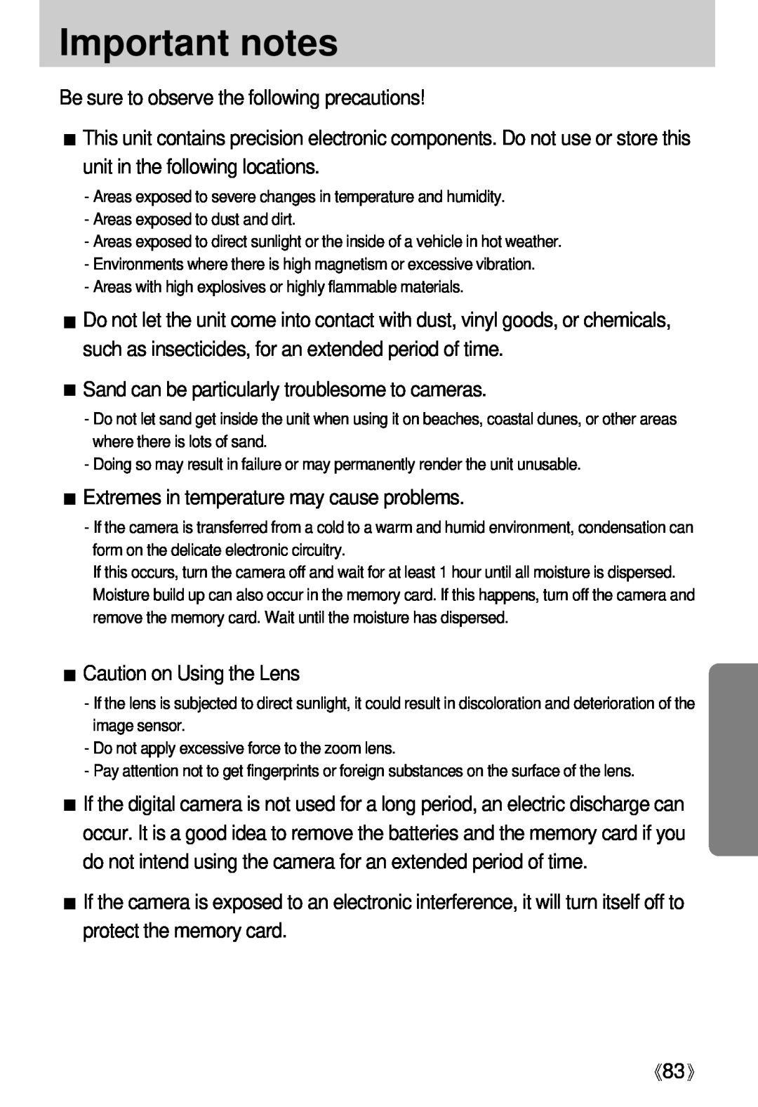 Samsung Digimax U-CA user manual Important notes, Be sure to observe the following precautions, Caution on Using the Lens 