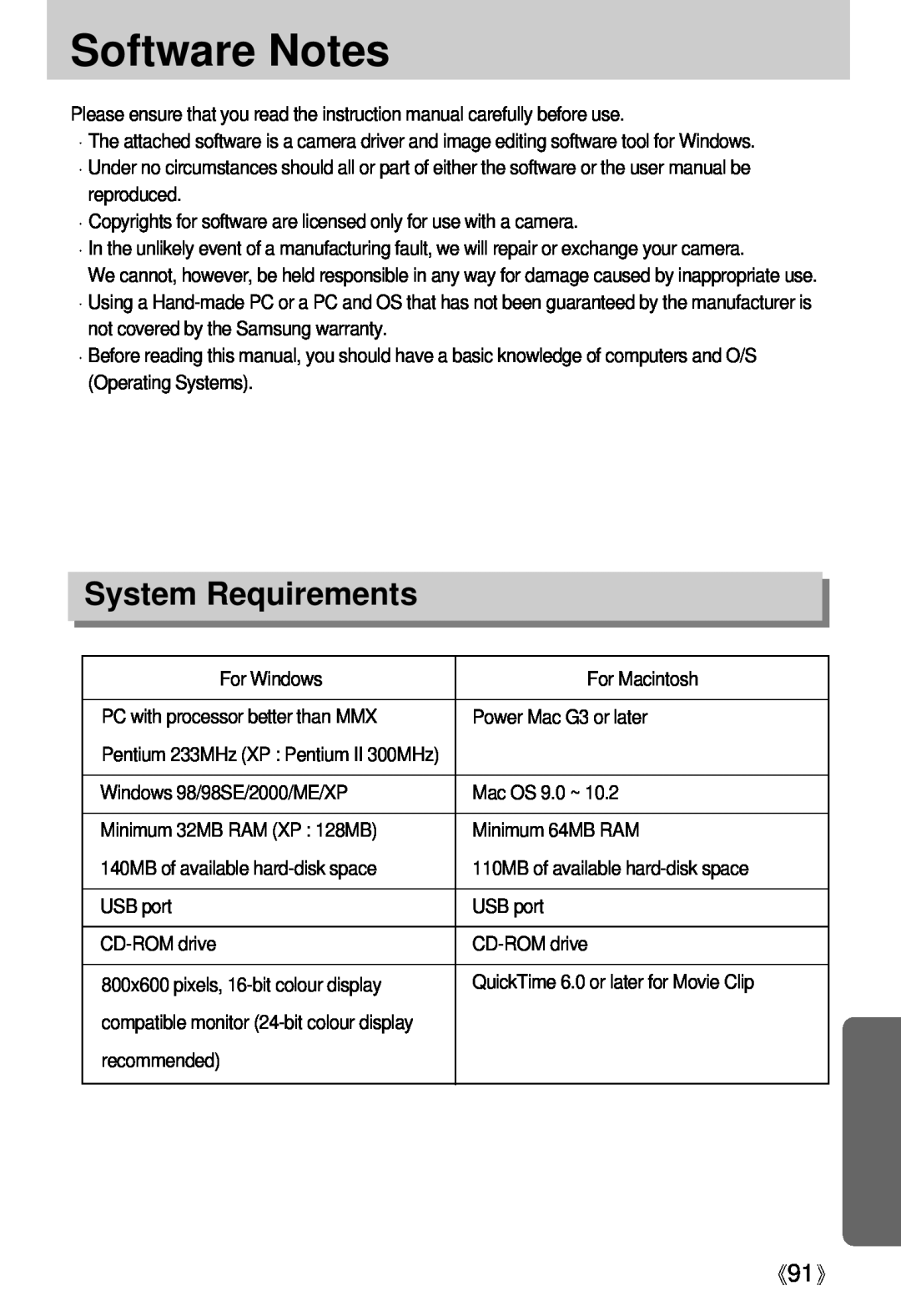 Samsung Digimax U-CA user manual Software Notes, System Requirements 