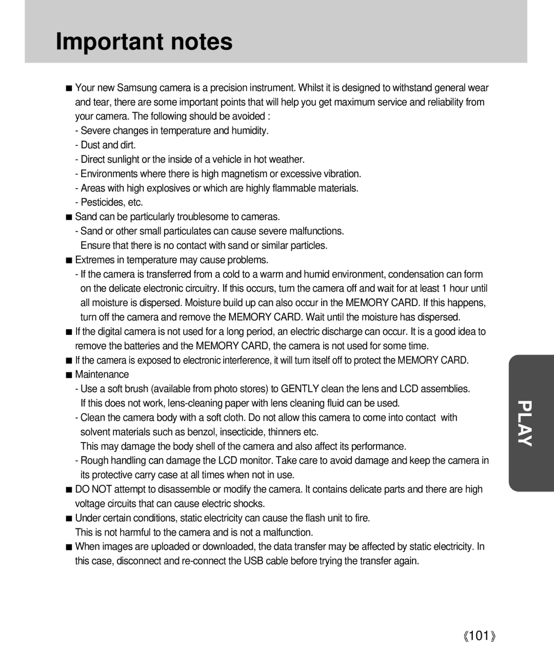 Samsung Digimax V4000 manual Important notes, Extremes in temperature may cause problems 