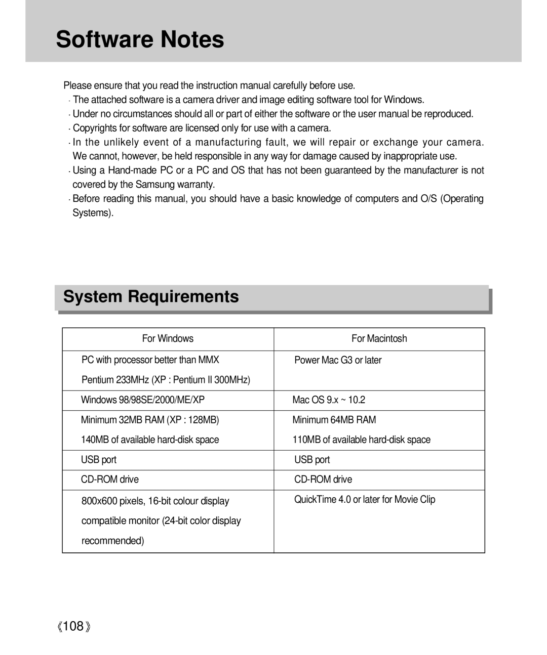 Samsung Digimax V4000 manual Software Notes, System Requirements 