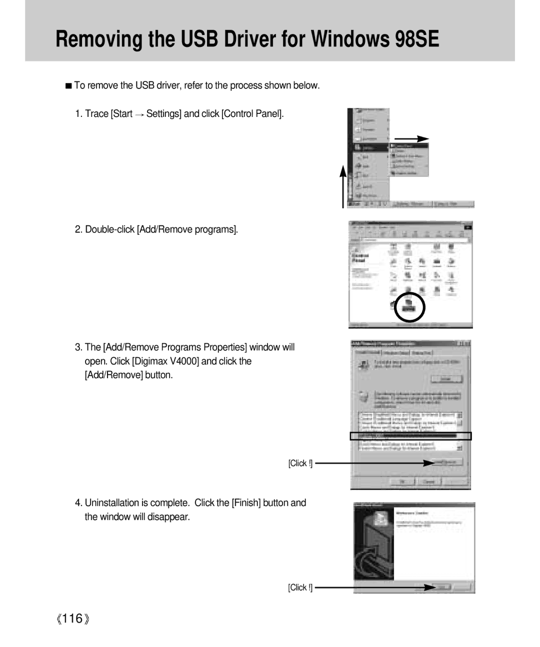 Samsung Digimax V4000 manual Removing the USB Driver for Windows 98SE 