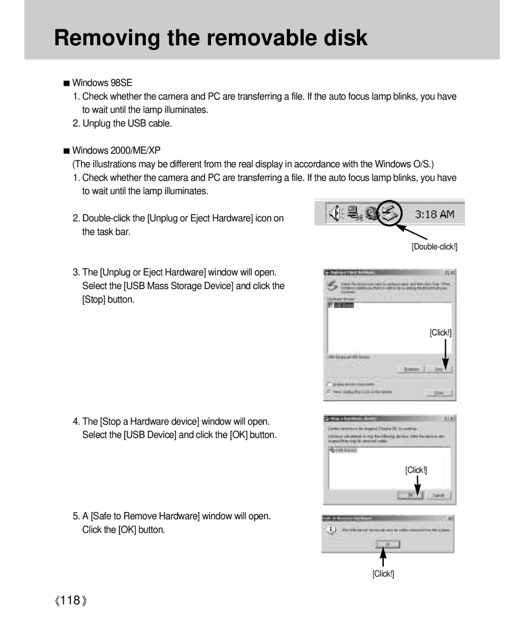 Samsung Digimax V4000 manual Removing the removable disk 