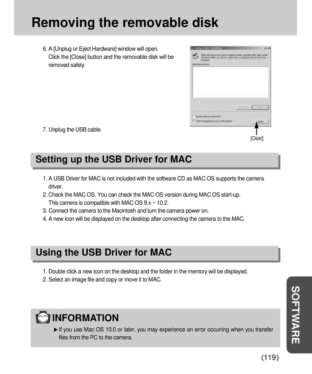 Samsung Digimax V4000 manual Setting up the USB Driver for MAC, Using the USB Driver for MAC 