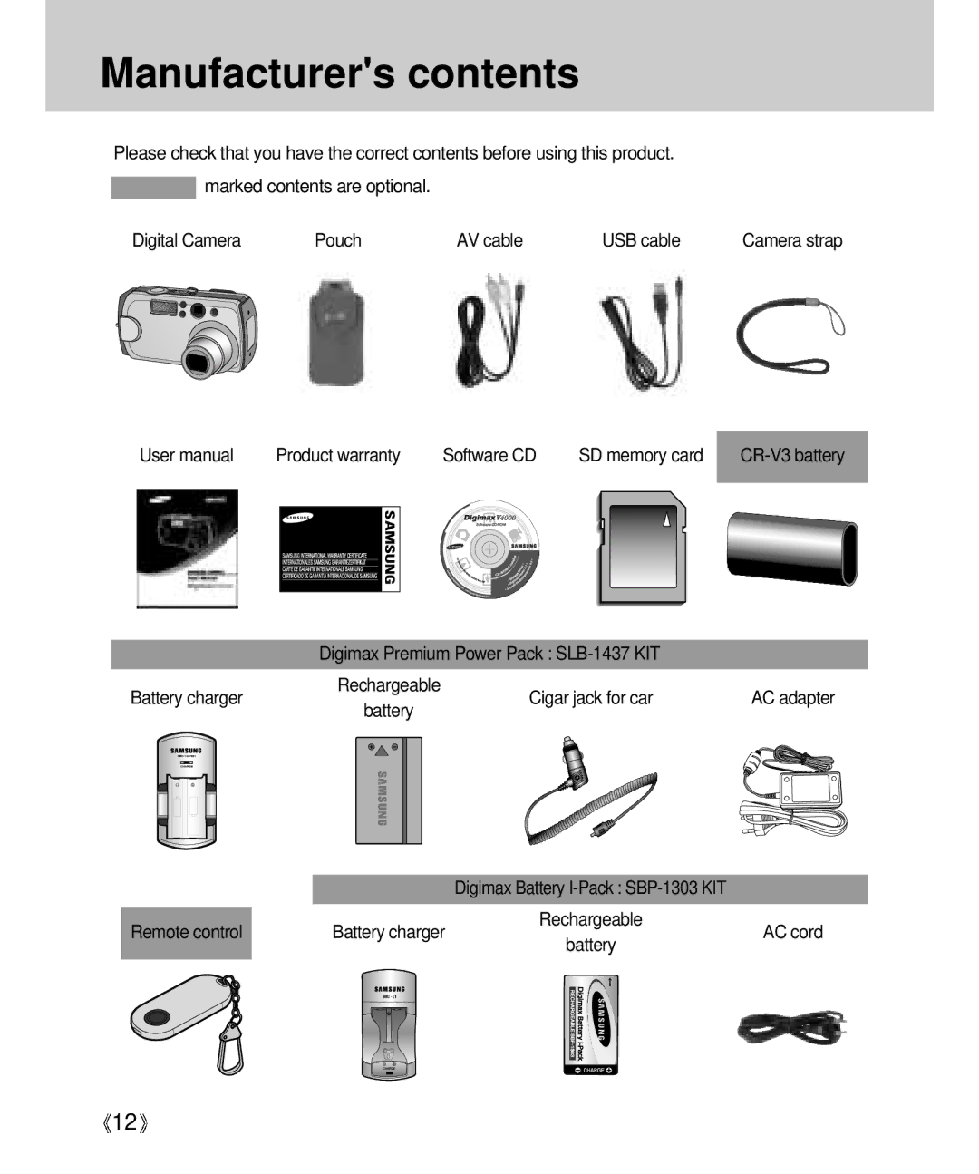 Samsung Digimax V4000 manual Manufacturers contents 