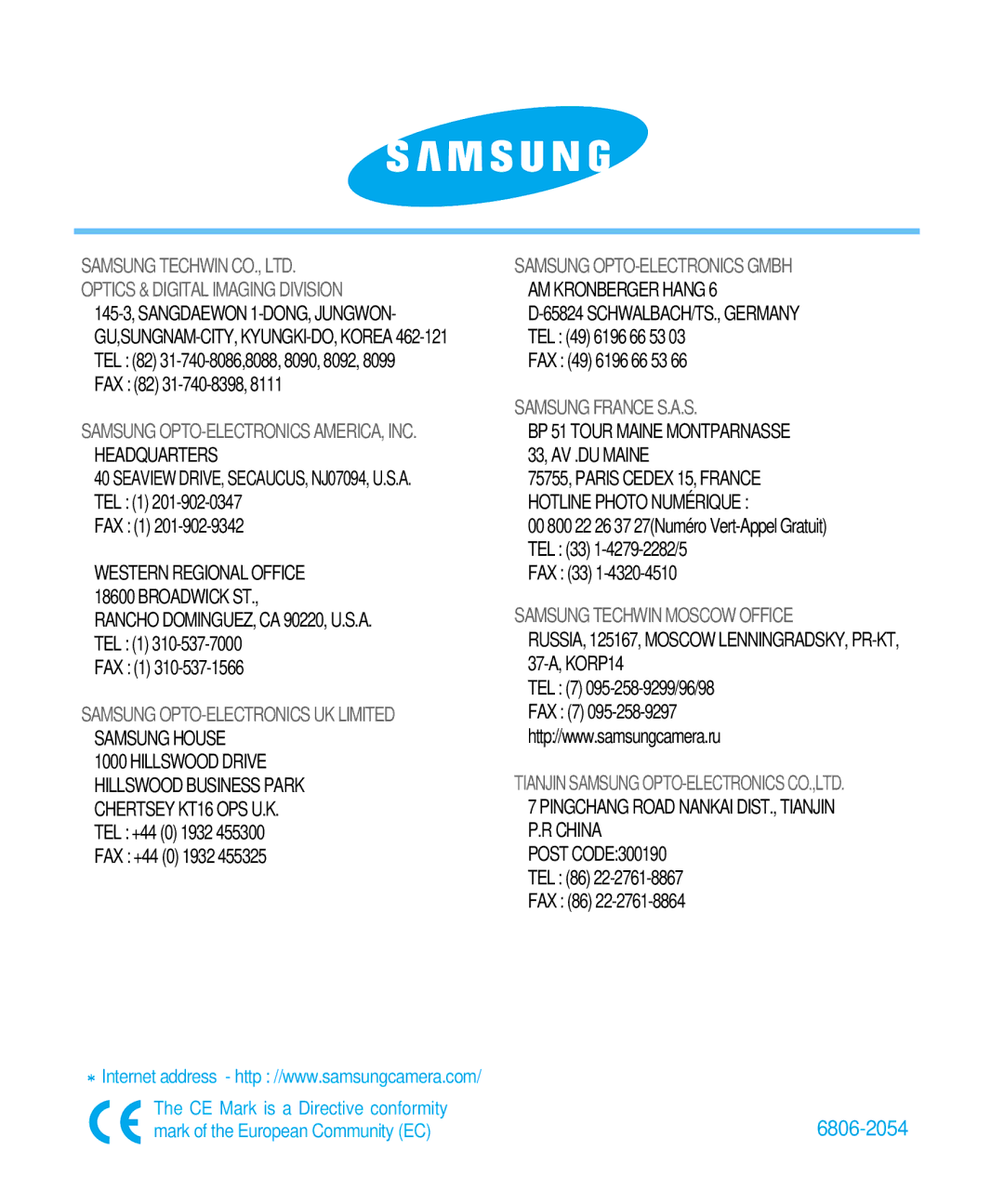 Samsung Digimax V4000 manual FAX 82 31-740-8398, FAX 1, TEL 49 6196 66 53 FAX 49 6196 66 53, FAX 33 