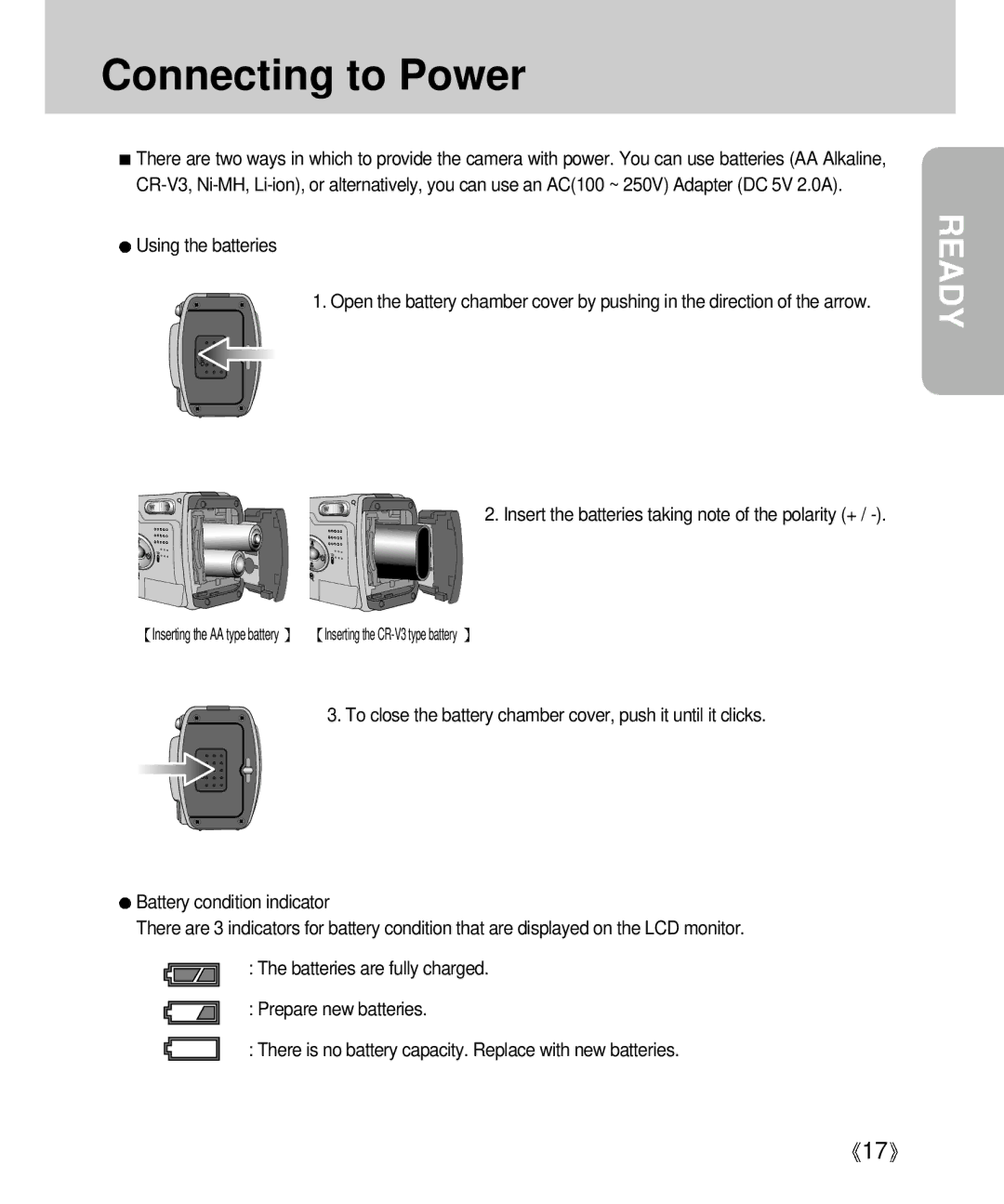 Samsung Digimax V4000 manual Connecting to Power, Using the batteries, Insert the batteries taking note of the polarity + 