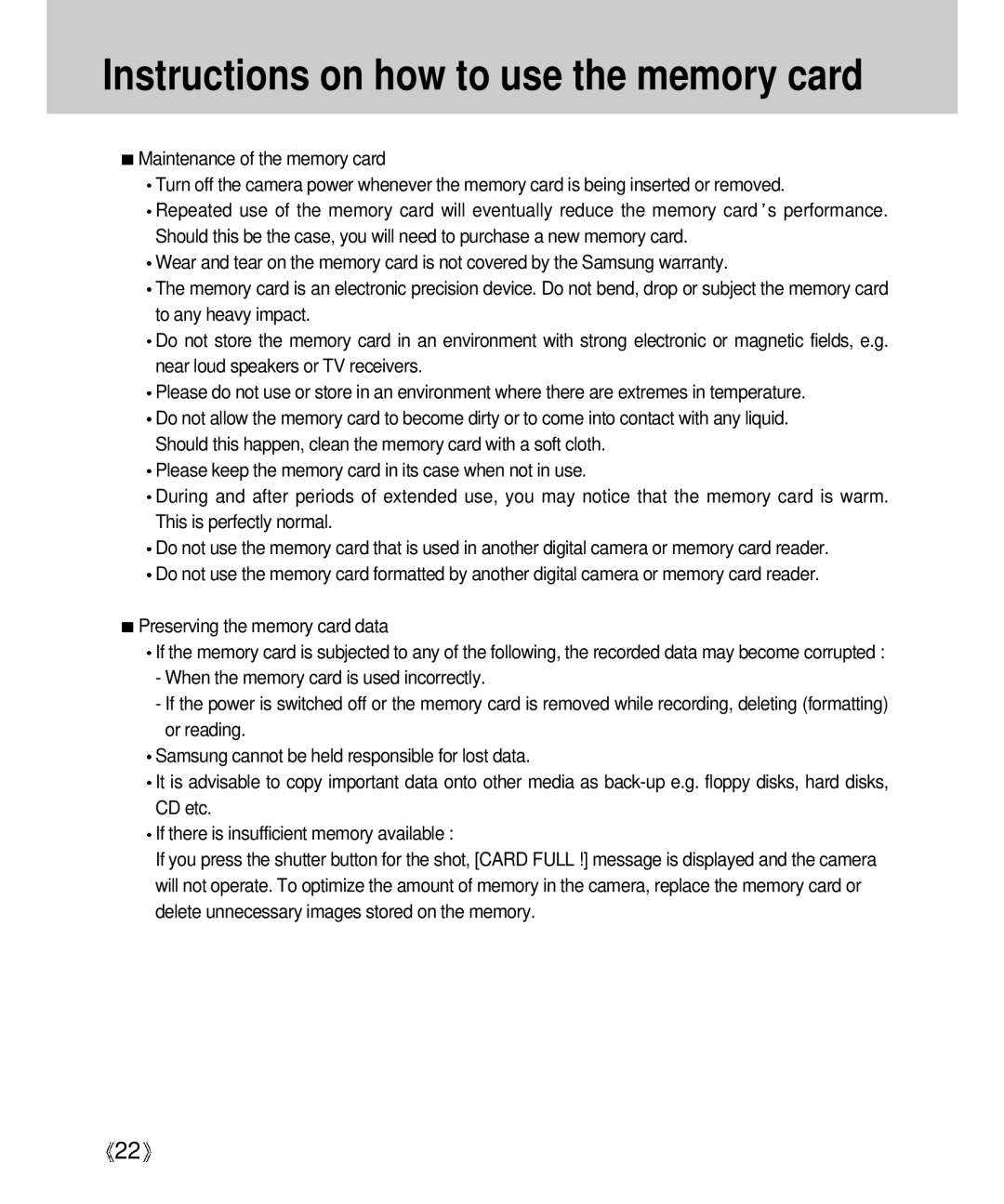 Samsung Digimax V4000 manual Instructions on how to use the memory card 