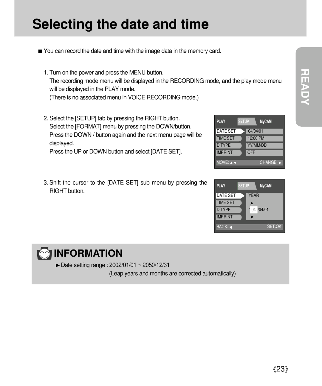 Samsung Digimax V4000 manual Selecting the date and time 