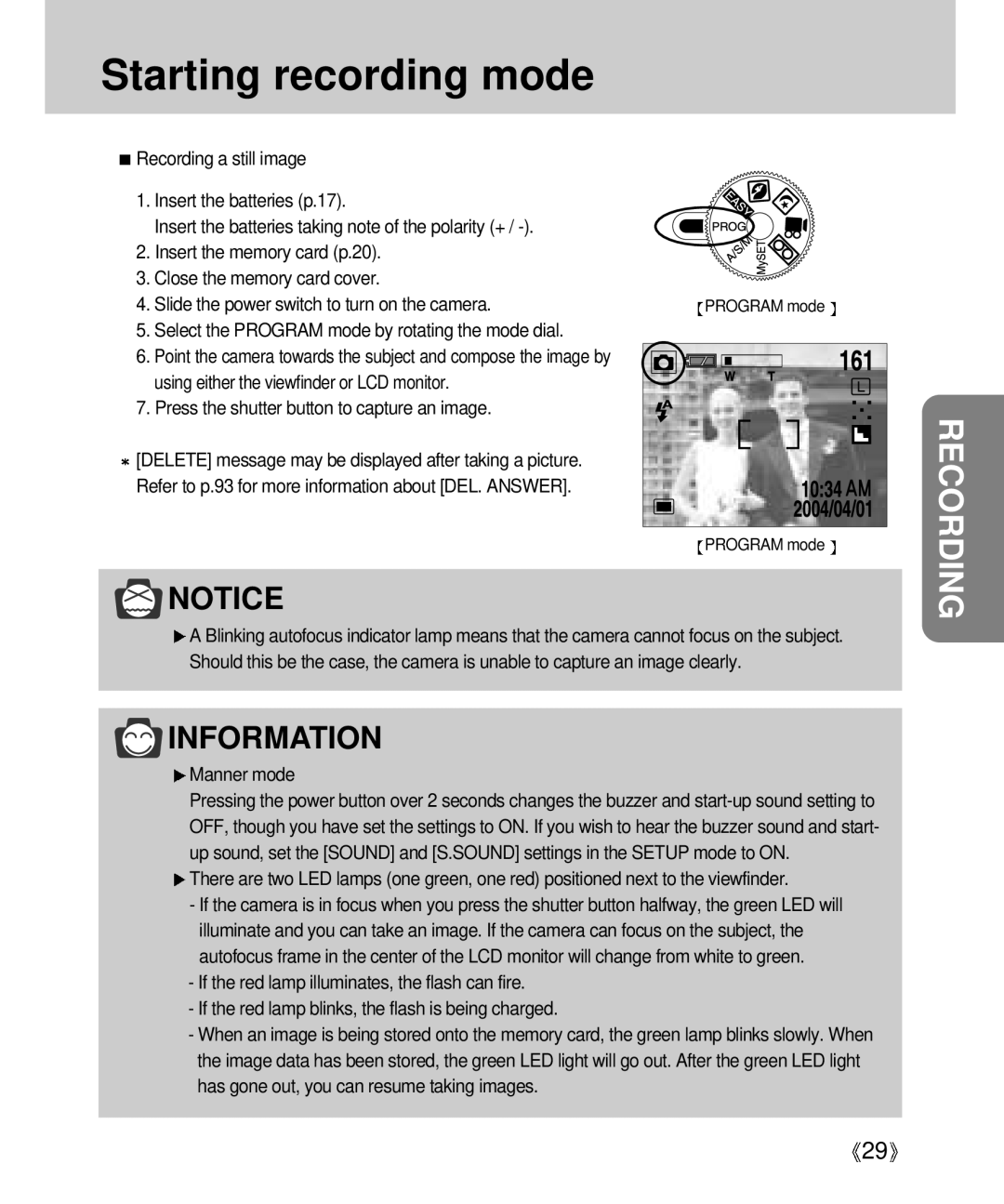 Samsung Digimax V4000 manual Starting recording mode, Press the shutter button to capture an image, Manner mode 