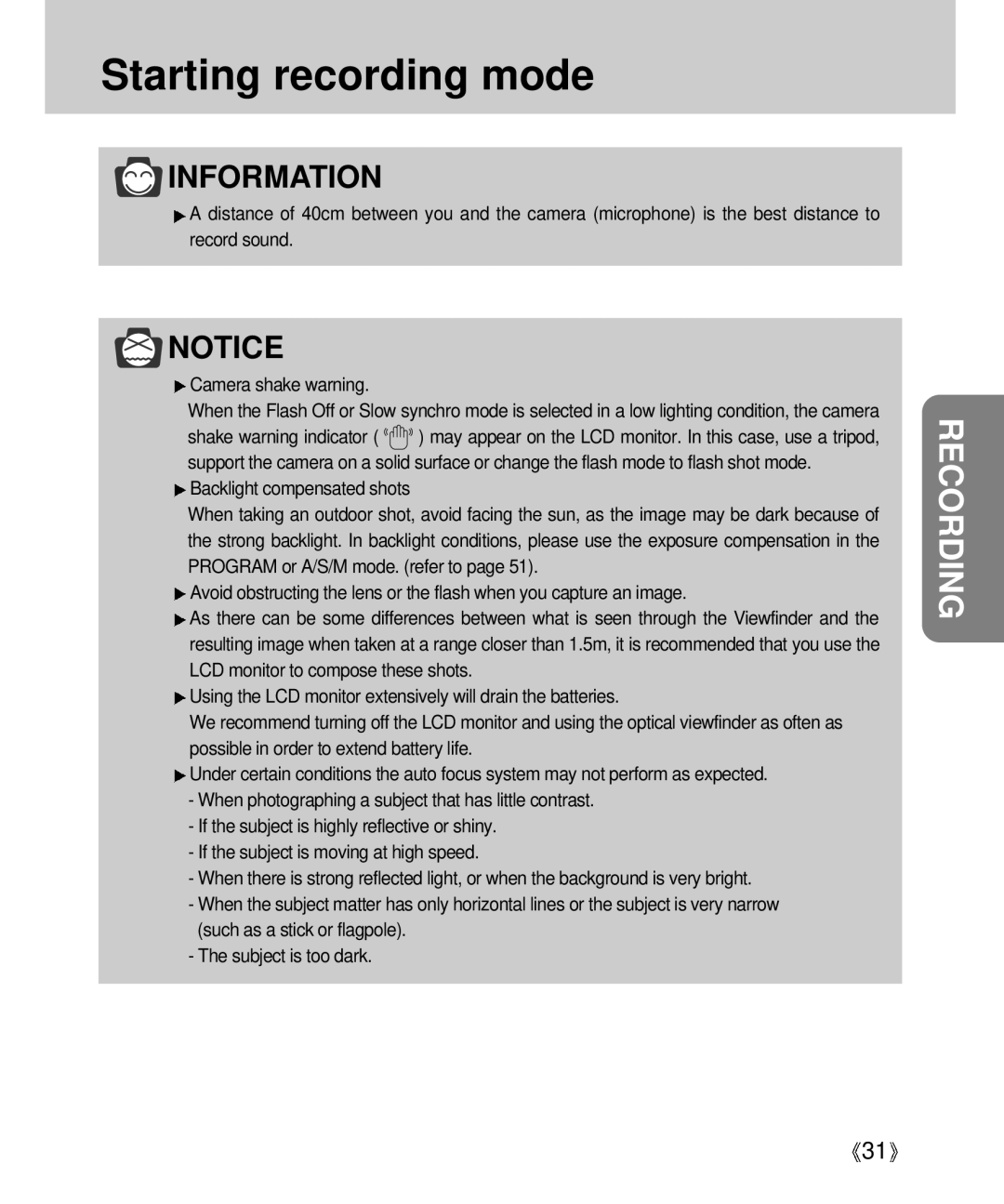 Samsung Digimax V4000 manual Recording 