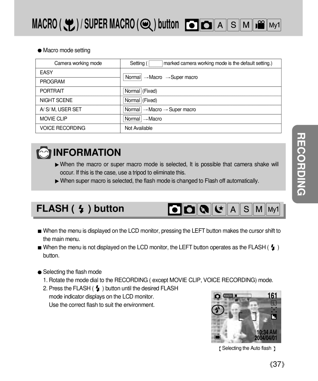 Samsung Digimax V4000 manual Flash button, Macro mode setting 