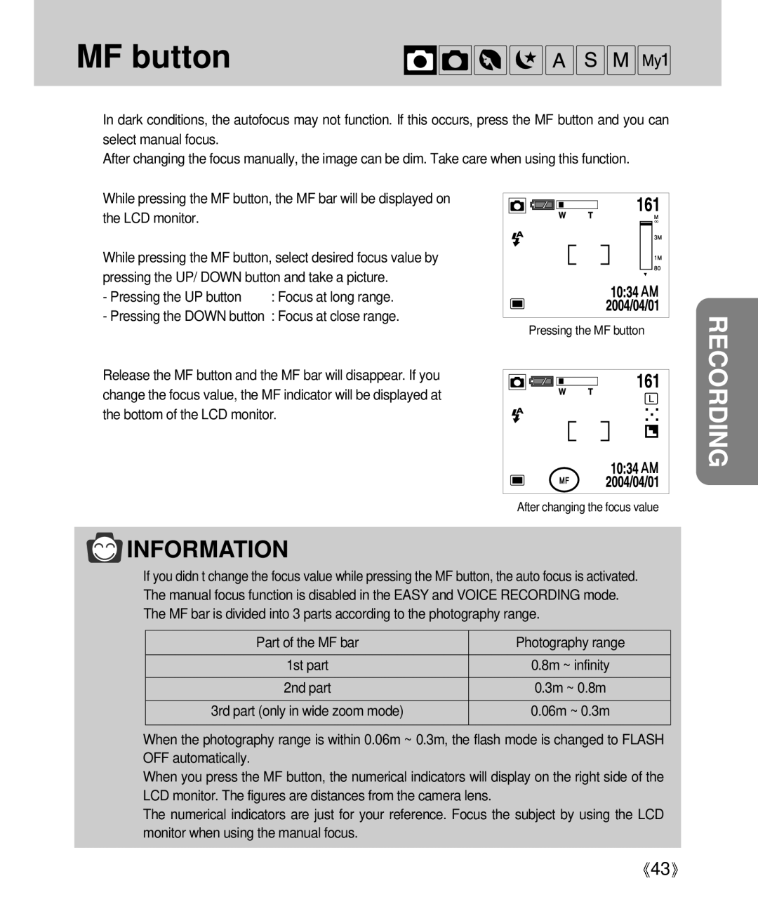 Samsung Digimax V4000 manual MF button, Part of the MF bar Photography range 