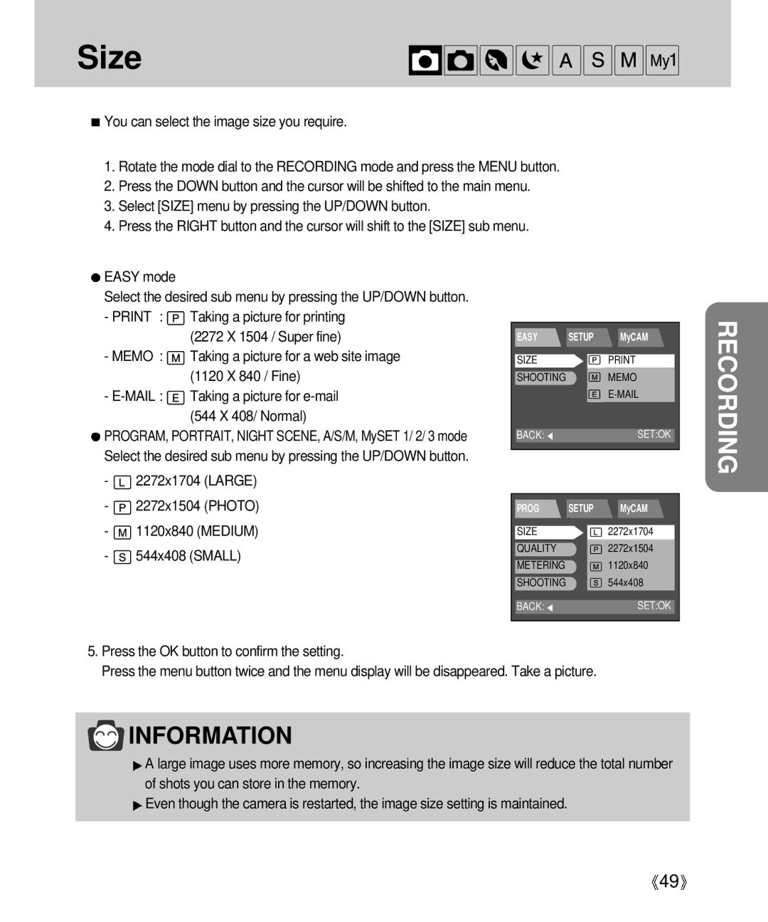 Samsung Digimax V4000 manual Size 