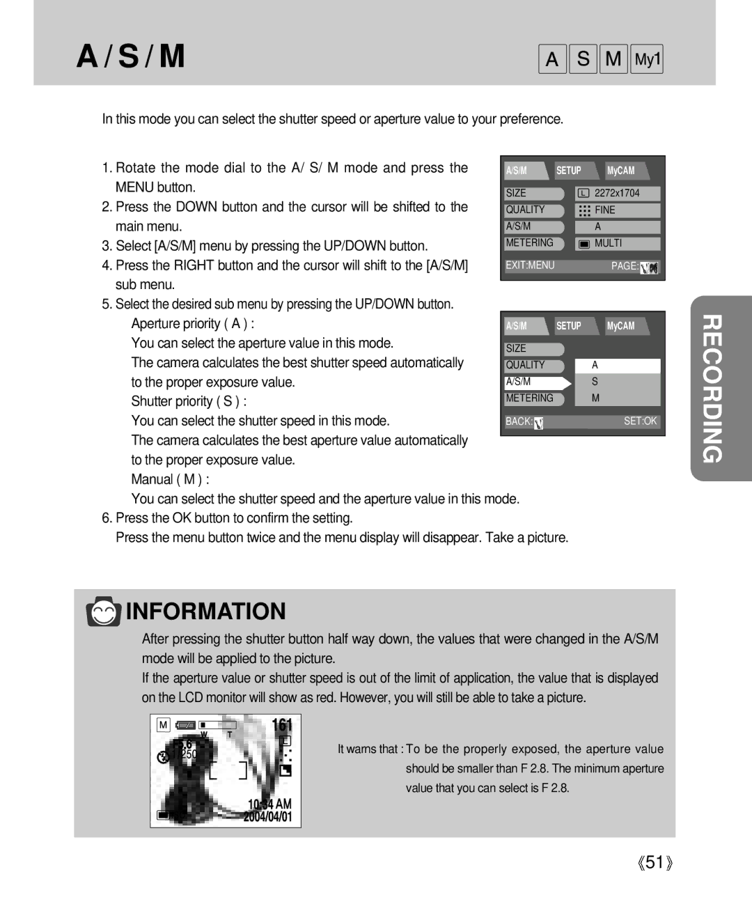 Samsung Digimax V4000 manual Menu button, Press the Down button and the cursor will be shifted to, Aperture priority a 